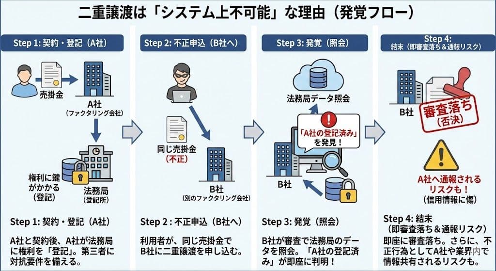 ファクタリングの二重譲渡が発覚する流れ